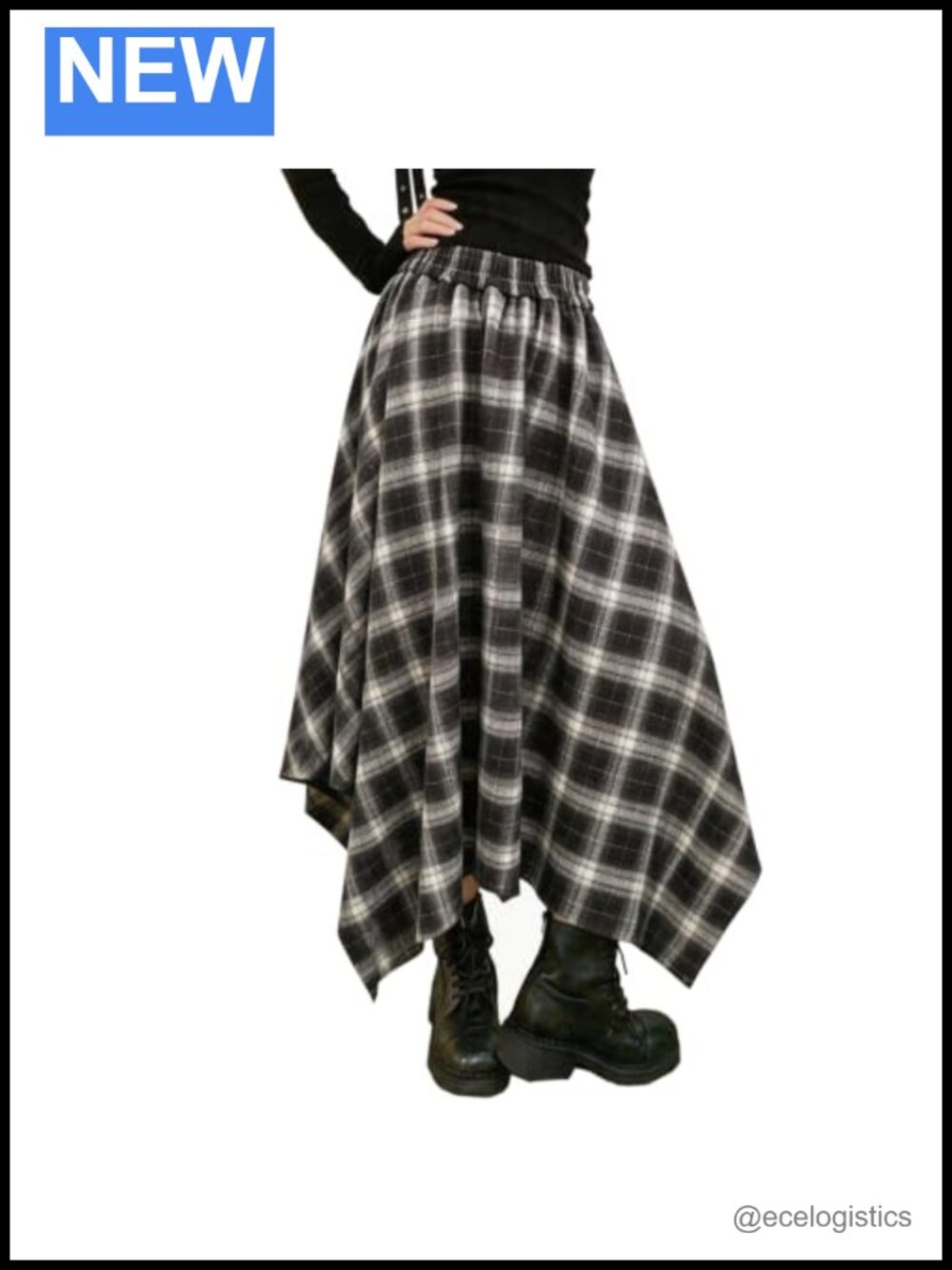 Women's Plaid Maxi Skirt Elastic Waisted Asymmetrical Hem Long Skirt